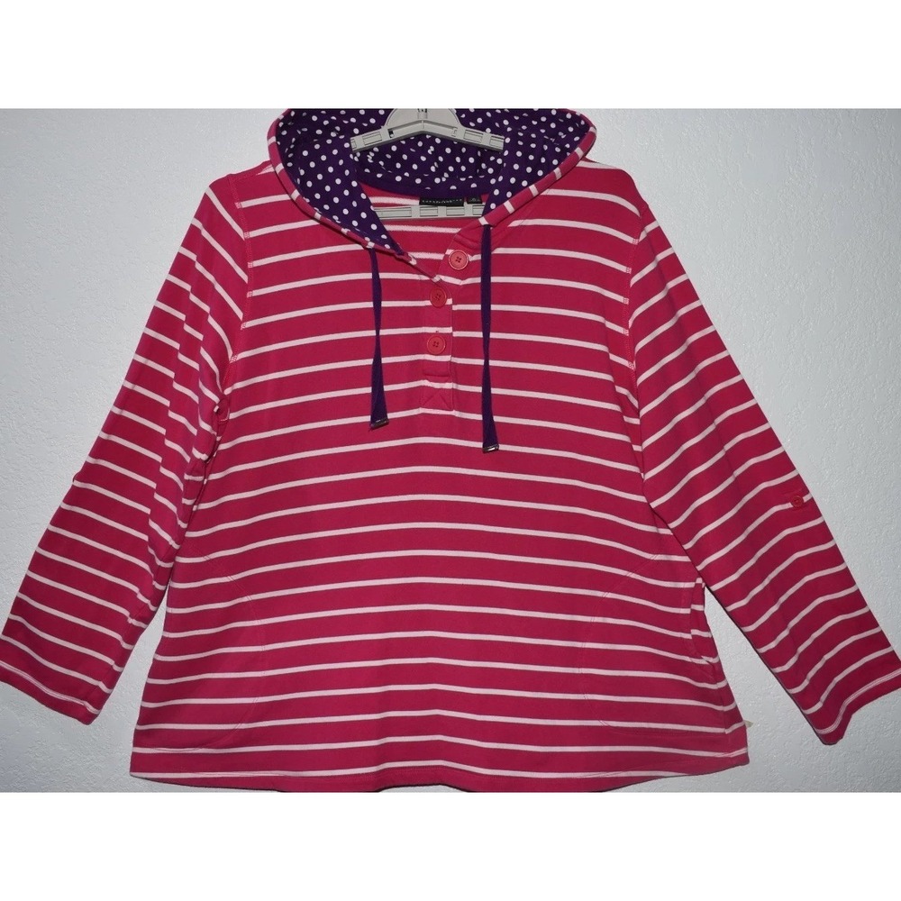 Susan Graver Weekends XL Top Terry Sweatshirt Hooded Henly Stripe Dots Roll Tab